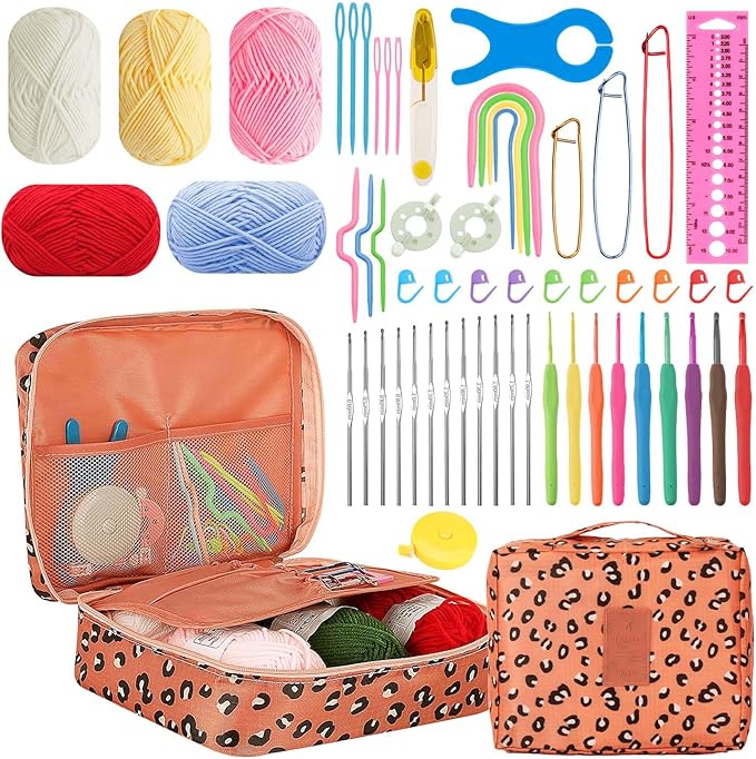 HATINXIA 58pcs Crochet Kit Beginners, Crochet Hook Set with Yarn, Portable Crocheting Kit for Starter, Ergonomic Crochet Needles Tools DIY Knitting Accessories for Experienced Crochet Lovers, Leopard