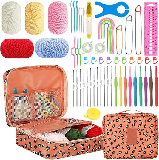 HATINXIA 58pcs Crochet Kit Beginners, Crochet Hook Set with Yarn, Portable Crocheting Kit for Starter, Ergonomic Crochet Needles Tools DIY Knitting Accessories for Experienced Crochet Lovers, Leopard