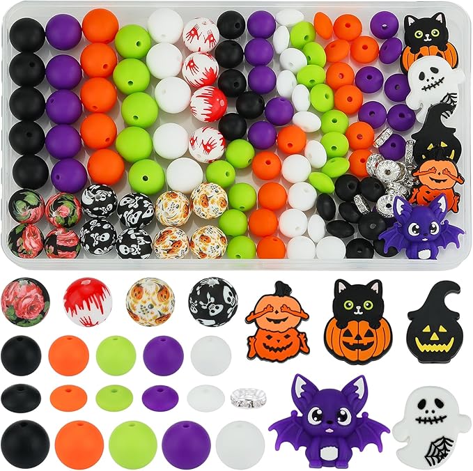 121 Pcs Halloween 12mm 15mm Silicone Beads Kits for Keychain Making 3D Bat Focals Round Focal Beads for Pens Bracelets Necklace DIY Crafts Jewelry Making