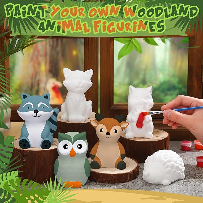 Gemscream 6 Sets Animal Painting Craft Kits Wild Animal Ceramics to Paint Safari Ceramics Ready to Paint for Activities Figurines Art Supplies Gifts(Woodland)