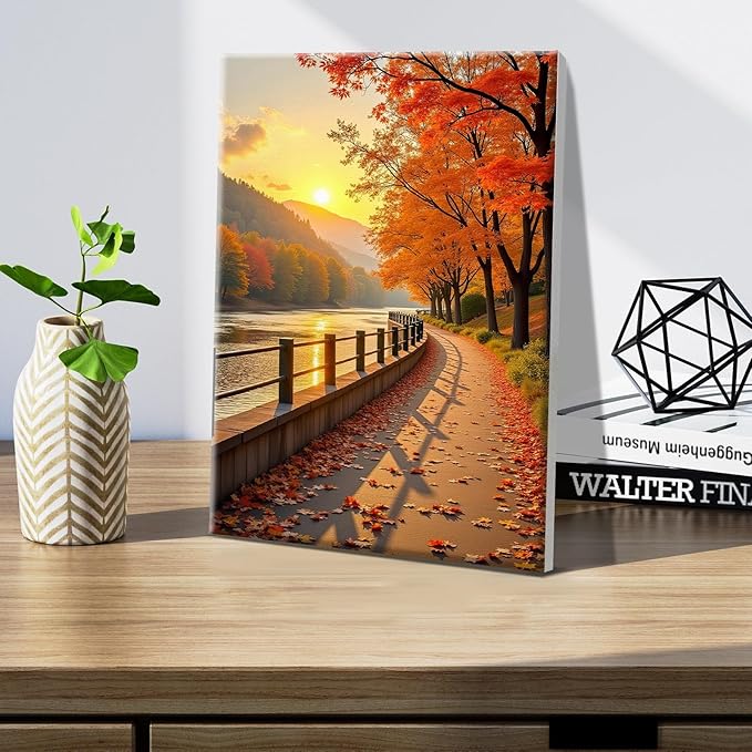 JOOZ Paint by Numbers Kit for Adults with Frame Fall Landscape Paint by Number with Easel Autumn Tree Adult Paint by Number Kits Framed Canvas Sunset Oil Painting Kits for Home Wall Decor 8x12 Inch
