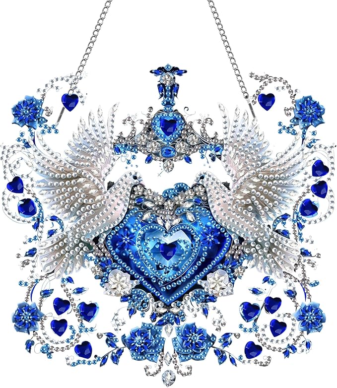 Kaliosy Sun Catcher Heart Bird Window Hanging Ornament - Outdoor Porch Decor, Animals Themed Diamond Art Ornament, Acrylic Board Diamond Painting for Wall Home, Front Door Sign, Indoor Decor 8x8inch