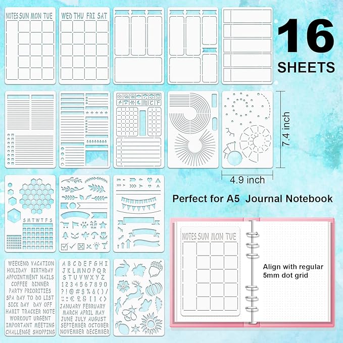 ALODNY 16 Pcs Journal Stencils Set - Time Saving Bullet Journaling Supplies/Accessories Kit -Ultimate Productivity Planner Stencil for Bullet Journal Stencils A5 Dotted Journals