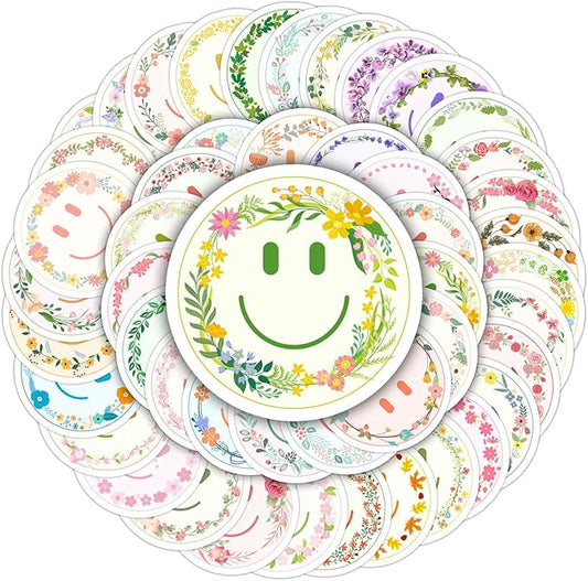 wercokt 50pcs smiling flower stickers, cute water bottle stickers for kids, for teaching rewards, notebooks, stationery, luggage, cartoon pvc happy stickers