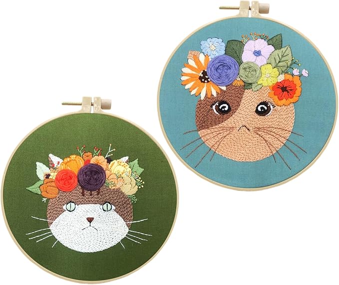2 Pack Embroidery Kit for Beginners, Pet and Floral Patterns, Learn Different Stitches with Hand Embroidery Kit, 7.8' Hoop, Colored Threads and Needles, Gift for Adults Teens and Dog Cat Lovers (Cat)