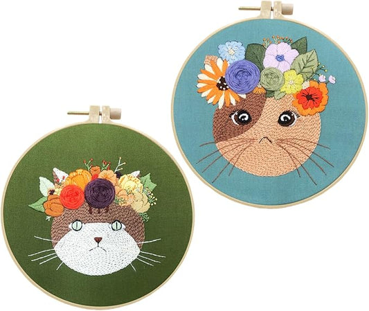 2 Pack Embroidery Kit for Beginners, Pet and Floral Patterns, Learn Different Stitches with Hand Embroidery Kit, 7.8' Hoop, Colored Threads and Needles, Gift for Adults Teens and Dog Cat Lovers (Cat)