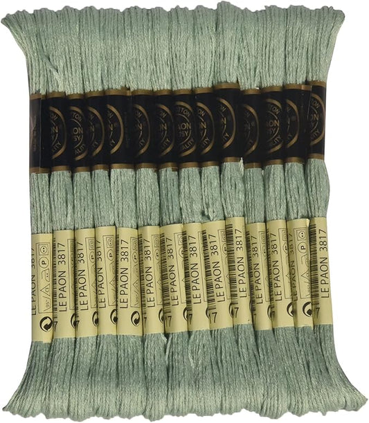 LE PAON Embroidery Floss, 14-Pack Six Strands 100% Long Staple Cotton Embroidery Thread, 8.7-Yard，Color Number：3817, Light Celadon Green
