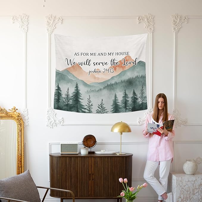 MNASAIOO Christian Mountian Wall Tapestry Hanging for Bedroom, Bible Verse Scripture We Will Serve The Lord Tapestries, Watercolor Religious Wall Decor Banner for Living Prayer Room Church 50x60in