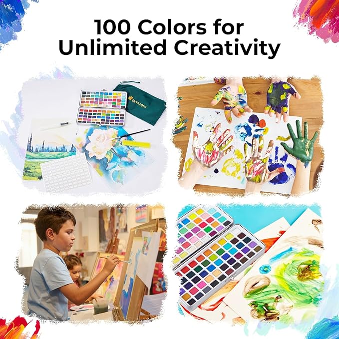Watercolor Paint Set - 100 Colors with Metallic, Macaron & Fluorescent Shades - Washable, Non-Toxic Portable Paint Kit with Water Brush, Palette & Case - Painting Supplies for Beginner & Professionals