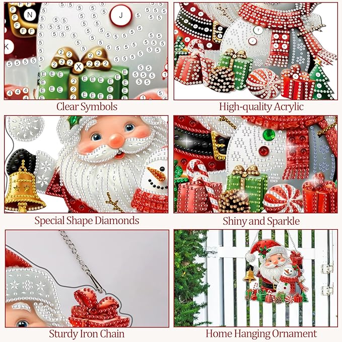 CEOVR Christmas Hanging Diamond Painting, Santa Claus Snowman Special Shape Diamond Art for Adults, Christmas Winter DIY Gem Art, Acrylic Home Garden Decor with Chain, Box Kit 9.37x9.3In