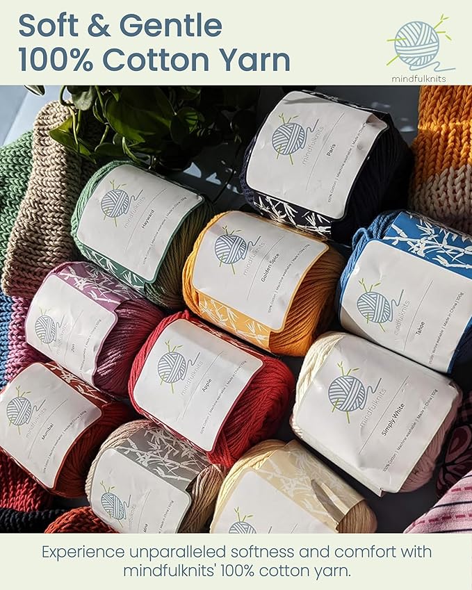 Knitting Yarn, Crochet Yarn, Mindfulness and Relaxation 100 Percent Cotton Yarn, Single Color 2-Pack - Medium Number 4 Worsted Bundle, Soft & Gentle for Garments, Amigurumi, Baby Items by mindfulknits
