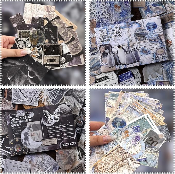 200Pcs Vintage Scrapbook Paper Sticker Kit,Starry Sky and Ocean Underwater Scrapbooking Decals for Junk Journal Supplies Card Making Stationery Album,Collage,As Gift