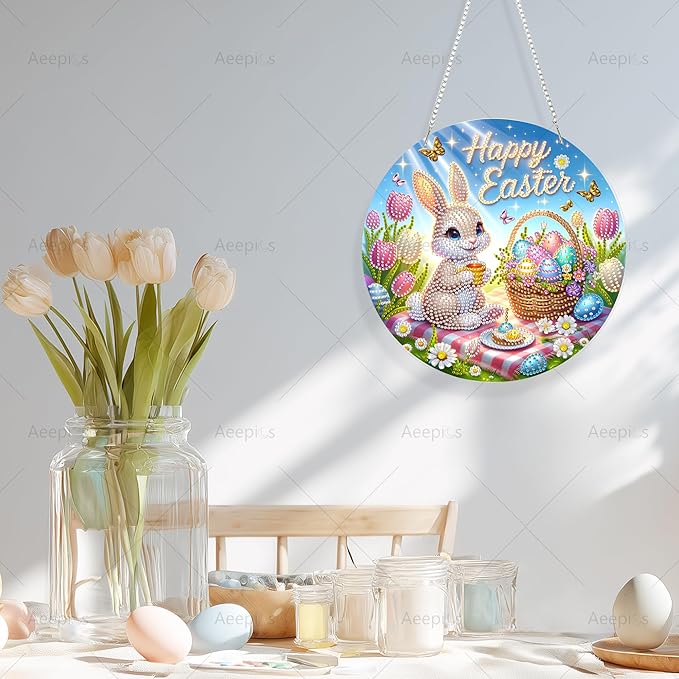 Aeepics Hanging Diamond Art Kit for Adult Easter Rabbit, DIY Diamonds Painting Pendant Ornament Kit, Acrylic Diamond Art Painting Board Kit (Happy Easter)