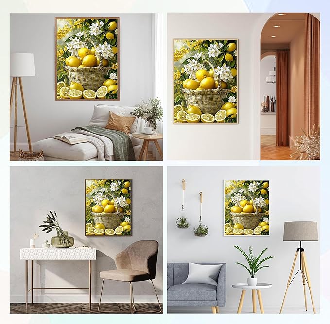 QENSPE Lemons Diamond Painting Art Kits for Adults, DIY White Flowers Full Drill Diamond Art for Beginners, 5D Round Diamond Dots Paintings Gem Art Crafts Home Wall Decor Gifts 30x40cm