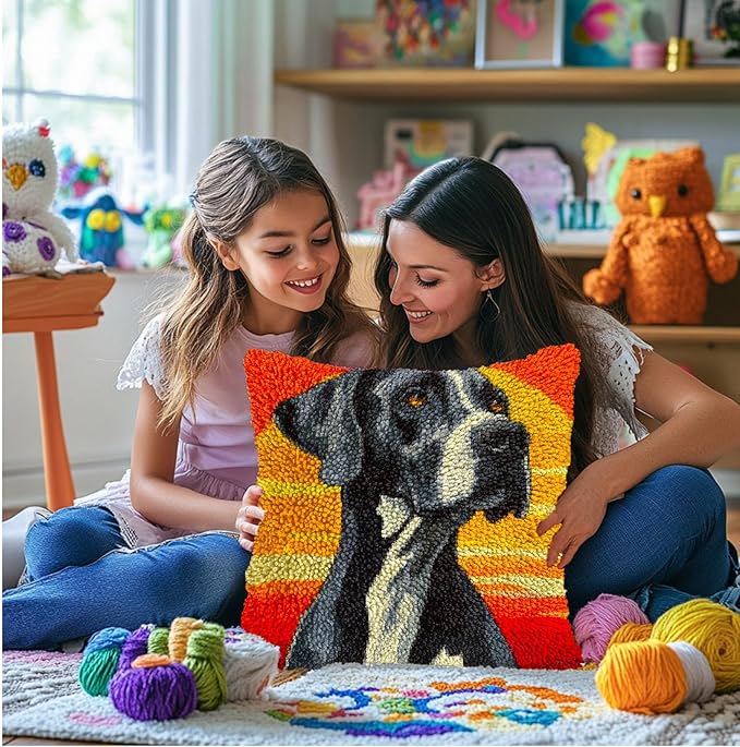 DIY Latch Hook Pillow Kits for Adults Great Dane Dog with Sunset Printed Pillowcase Crochet Yarns Hooking Handmade Pillow Cover Cushion for Home Sofa Decoration 17x17inch-1