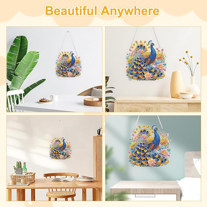 TOSTOG Elegant Peacock Diamond Art Pendant Kit for Adult, Flower Diamond Painting Hanging Kit for Beginners, 5D DIY Crafts Gem Art, Waterproof Full Accessories for Home Decor Idea 20 * 20 cm/8 * 8 in