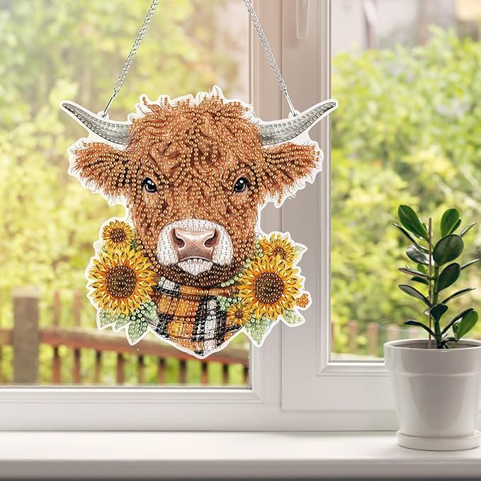 HEIBAGO Highland Cow Hanging Diamond Art Kits for Adults, Special Shaped Crystal Diamond Painting Ornament Kit, DIY Double-Sided Pattern Window Pendant Gem Art Kit for Home Wall Decor 8.3x8.3inch