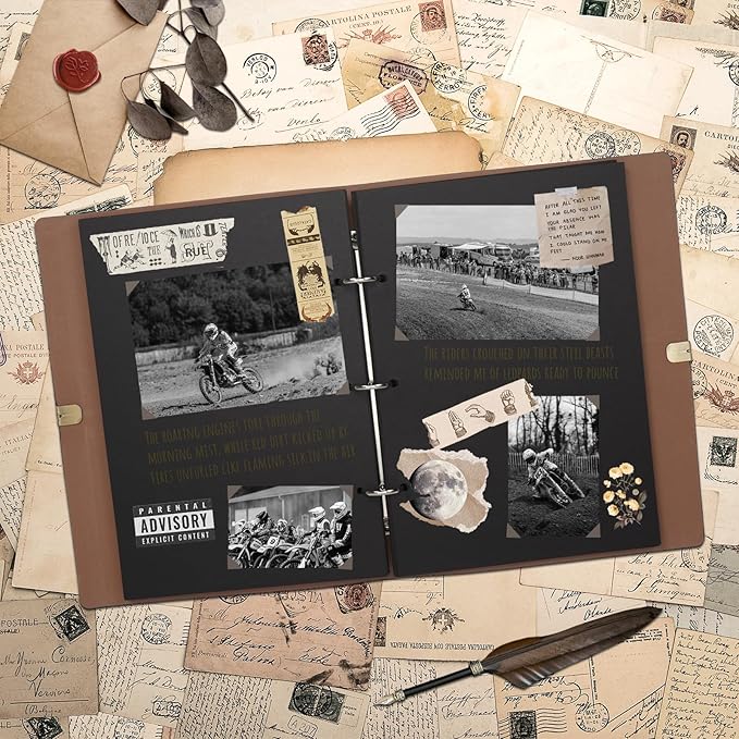 Vienrose Photo Album Scrapbook Kit, 3 Ring Faux Leather Cover DIY Memory Book Kraft Paper with 50 Sheets 100 Pages, Vintage Scrapbooking Supplies Set for Wedding, Anniversary, Valentine Gifts, Black