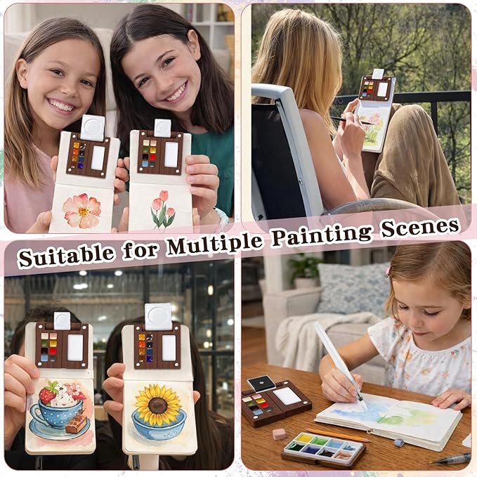 Mini Watercolor Paint Set - Travel Watercolor Set, Pocket Artist Water Color Travel Set with 12 Colours, Sketchbook, Watercolor Pens, Wooden Palette Box for Painters Artists Students