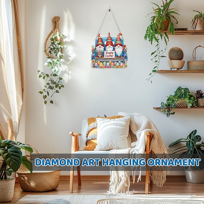 MEIYUDA Gnomes Diamond Art Hanging Kits for Adult, Easter Eggs Diamond Painting Hanging Kits Ornaments, DIY Happy Easter Special Shaped Rhinestone Window Pendants kit for Home Garden Wall Decor Gift