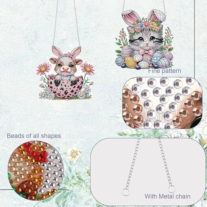 TDFERAN 2 Set Hanging Diamond Art Painting Kit Easter Ornament Cat Cow Painting Pendant Animal Diamond Gem Kits Ornament Kit for Adults DIY Acrylic Crystal Board Painting