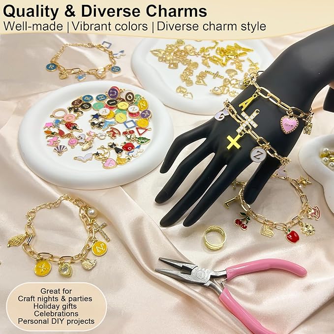 HejVulkan 416 PCS Gold Charm Bracelet Making Kit with Paperclip Chain Bracelets, 153+ Enamel & Gold Charms, Make Your Own Charm Bracelet Kit, Easy Charm Bracelet Making Kit for Women
