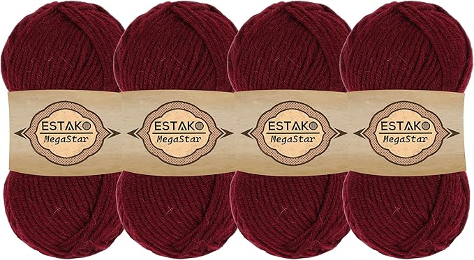 Estako Megastar, (4 Skeins Pack) 75% Acrylic 25% Wool Yarn, Soft, Chunky Bulky Weight #5 for Crochet and Knitting (4 x 3.52 Oz) / (4 x 120 Yrds) (63143 - Claret Red)