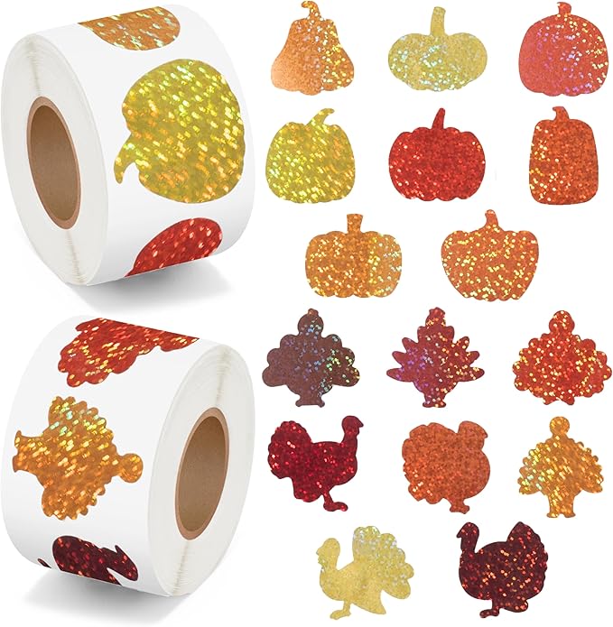 beyumi thanksgiving pumpkin turkey stickers - 1000pcs fall thankful laser pumpkin turkey stickers in 2 rolls holographic sparkly glitter autumn harvest adhesive decal gift party laptop decor for kids