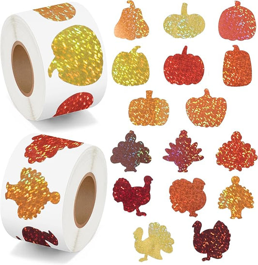 beyumi thanksgiving pumpkin turkey stickers - 1000pcs fall thankful laser pumpkin turkey stickers in 2 rolls holographic sparkly glitter autumn harvest adhesive decal gift party laptop decor for kids