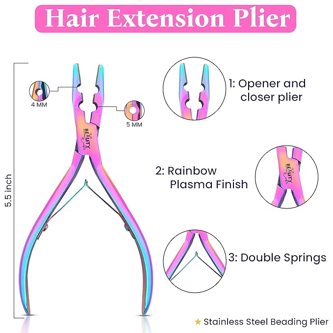 Beauty & Crafts Micro Links Hair Extensions Kit- Stainless Steel Beads Closer and Remover plier, Hair Extensions Loop Needle Pulling Hook, Bead Tool for Hair or Feather Extensions with Leather Pouch
