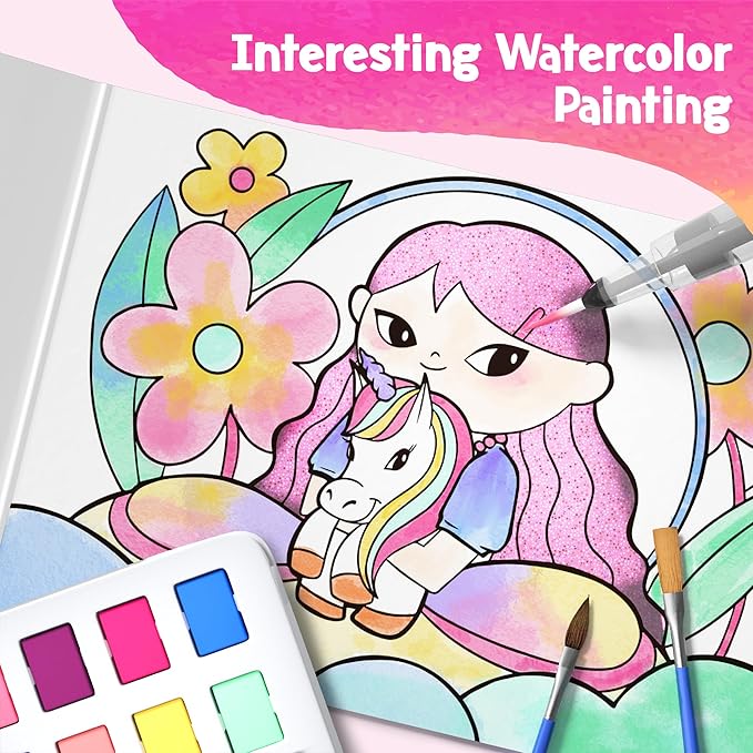 AMOTING Paint with Water Coloring Books for Toddlers, Mess Free Watercolor Painting Set for Kids Ages 3-8, Art Craft Drawing Toy, Birthday & Christmas Gift for Girls & Boys (Magical Unicorn)