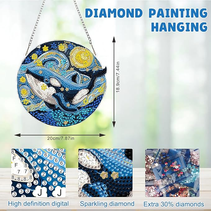 MAXBYE Whale Diamond Art Kits for Adults Hanging Ornament, DIY Special Crystal Diamond Painting kit, Double Sided Painting Kits for Beginners Gift Wall Home Decoration 8×8 Inch