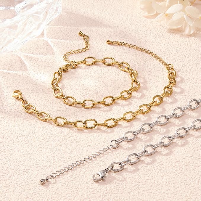 KYUNHOO 6.7 Inches Bracelet Chain for Jewelry Making 10pcs Stainless Steel Jewelry Links on Bulk Silver and Gold Plated Embossed Oval Chains for Bracelets DIY with Extender