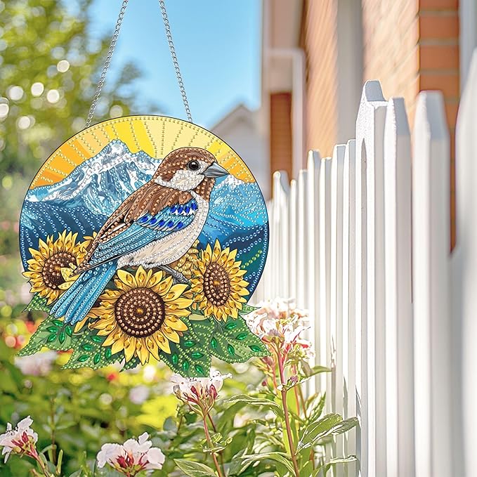 Wergund 5D DIY Bird Diamond Art Hanging Kits, Hanging Diamond Art Sunflower, Acrylic Special Shaped Rhinestone, Window Hanging Pendants for Home Wall Garden Front Door Outdoor Decor Gift(Bird)