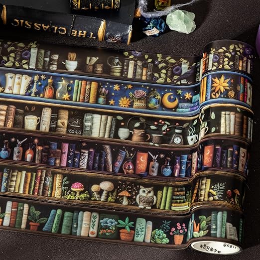 Magic PET Washi Tape Set,6 Rolls Vintage Reading Themed Scrapbook Tape Stickers for Journaling Supplies,Bullet Journaling,Planner,Notebook,Calendar,Photo Frame,DIY Craft(Magician Bookcase)