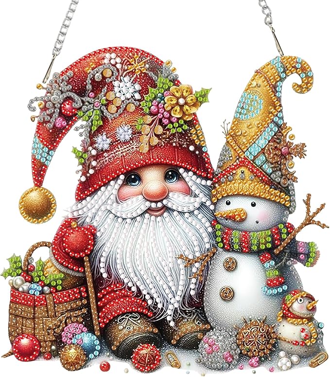Auremi Gnome Diamond Art Hanging Kit for Adult, Special Shaped Rhinestone, DIY Acrylic 5D Christmas Diamond Painting Window Pendants Signs, Home Garden Wall Hanging Ornament