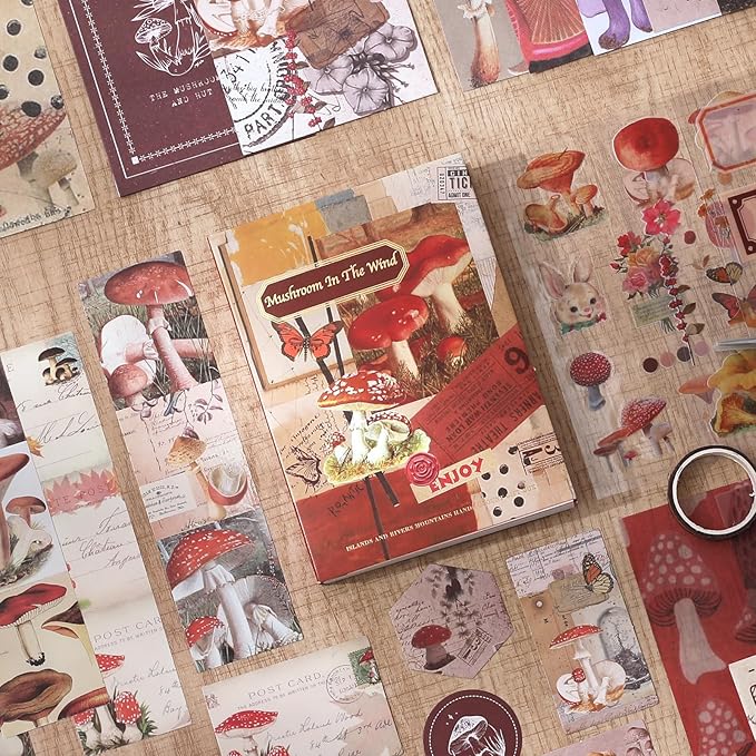 Scrapbook Photo Album Supplies Kit with Tweezers and Glue Tape – Vintage Aesthetic Junk Journaling Set, Scrapbooking Paper, Sticker Pack, Notebook, Stationery Kit, Gift for Adults Teens (Mushroom)