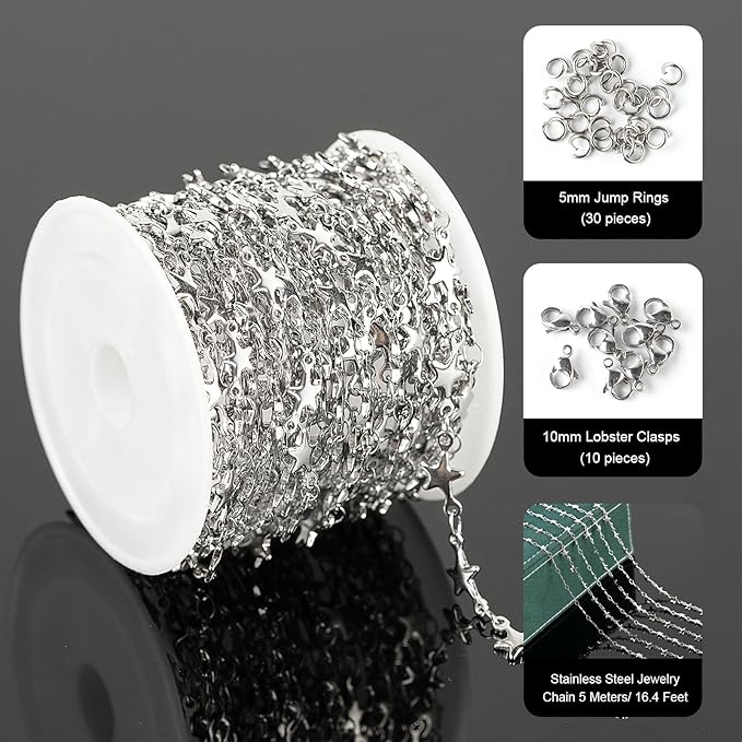 UMAOKANG 16.4 Feet Star Chains for Jewelry Making Stainless Steel Jewelry Chains Bulk with Jump Rings and Lobster Clasps