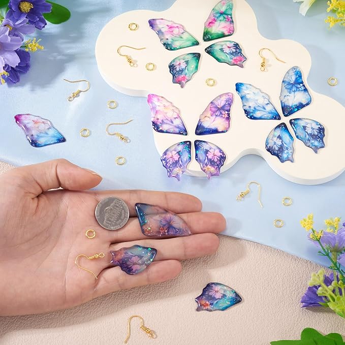 FASHEWELRY 16Pcs Resin Butterfly Wing Charms for Jewelry Making, Glitter Flower Print Colorful Insects Wing Pendant Earrings Making Kit Earring Hook Jump Rings