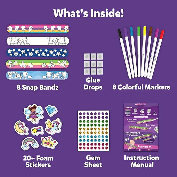 skillmatics craft activity - snap bandz, unicorns & princesses, diy art & craft activity, mess-free, creative kit, 8 bands (8.6"), gifts for girls & boys ages 4, 5, 6, 7, 8, 9, 10