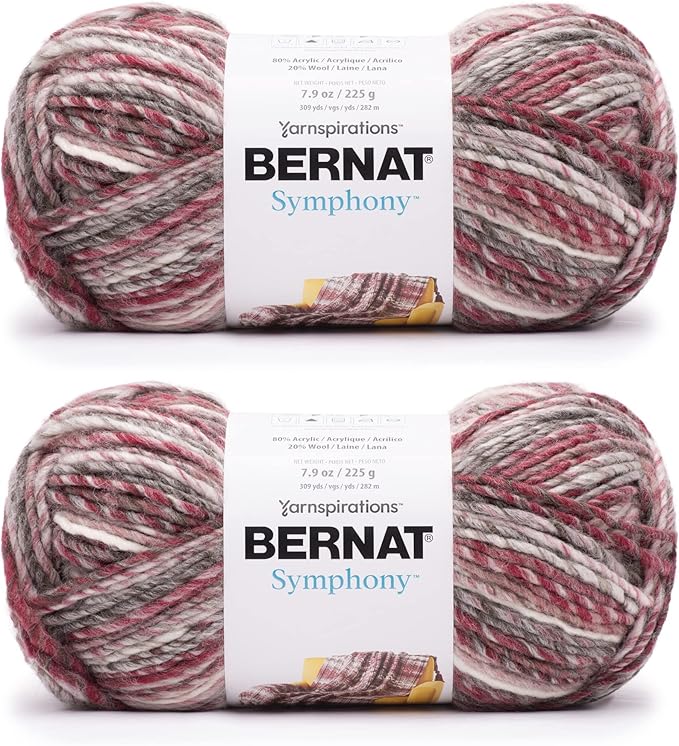 Bernat Symphony Pomegranate Punch Yarn - 2 Pack of 225g/8oz - Wool Blend - 5 Bulky - 309 Yards - Knitting/Crochet