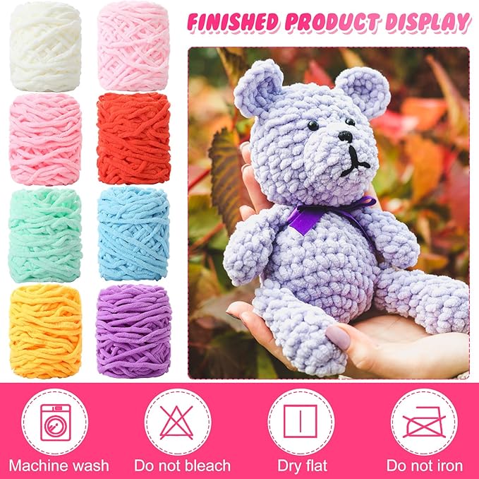 Buryeah 8 Pack Chunky Chenille Yarn for Crocheting Soft Thick Fluffy Yarn for Hand Knitting Bulky Velvet Blanket Plush for Weaving DIY Crafts Each 3.5 oz 55 Yards (Candy Colors)