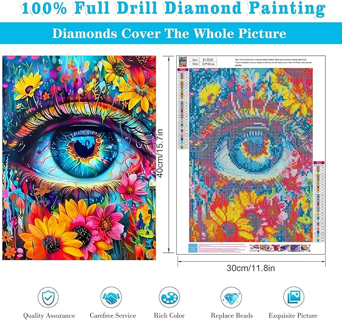 Meothan 5D Diamond Art Kits for Adults Eye Diamond Painting Kits for Adults Beginners, DIY Paint with Diamond Gem Art Dots Painting Kits for Home Walls Decor Gifts 12x16inch (Flowers Eye)