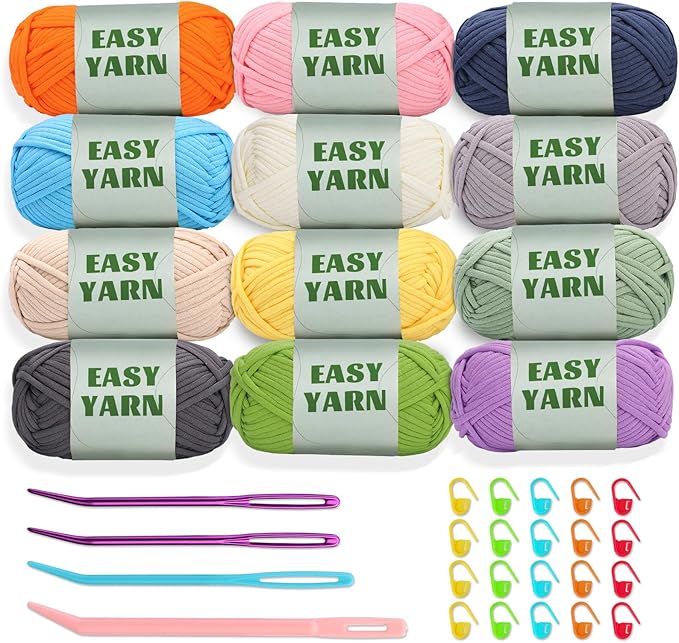 12x50g (21.1Oz) Crochet Yarn, Yarn for Crocheting, 12x87Yds Beginners Multicolor Cotton-Nylon Blend Yarns with Easy-to-See Stitches, Stitch Markers, Blend Crochet Kit Making