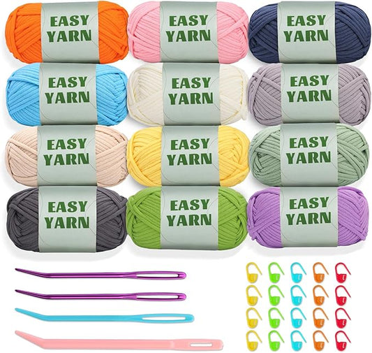 12x50g (21.1Oz) Crochet Yarn, Yarn for Crocheting, 12x87Yds Beginners Multicolor Cotton-Nylon Blend Yarns with Easy-to-See Stitches, Stitch Markers, Blend Crochet Kit Making