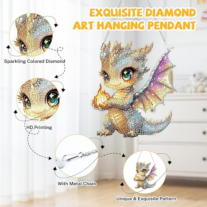 Bowetile Dragon Diamond Art Hanging Kits for Adults, 5D Special Shape Diamond Painting Window Pendant Kits, Gem Art Suncatchers Painting Ornament for Home Garden Wall Decor