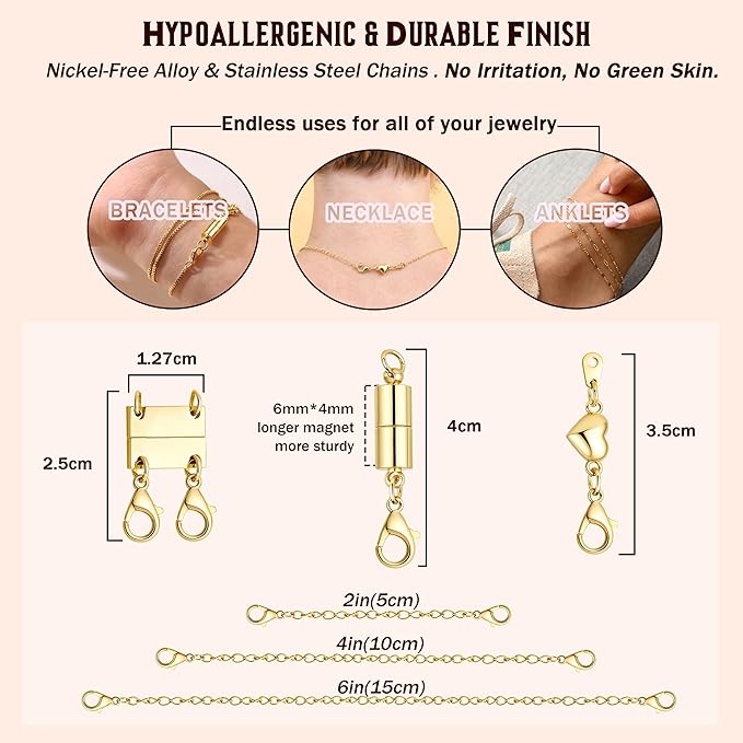 KRFY Extra Strong Magnetic Necklace Clasps and Closures, Necklaces Separator for Layering Stacks, Necklace Chain Extenders for Women, Magnet Detangler Clasp Bracelet 8Pcs 16K Gold Plated