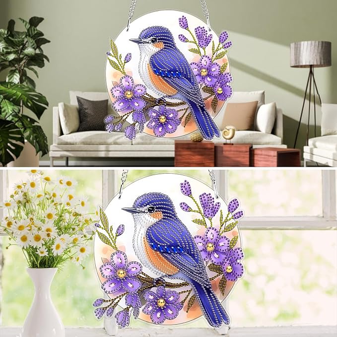 MXJSUA Special Shaped Hanging Diamond Painting Art Kits for Adults, Bluebird 3D Crystal Rhinestone Acrylic Gem Art Pendant Ornaments Kit for Home Decoration and Gift