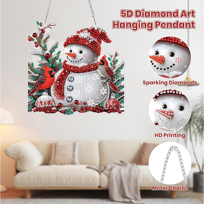 MOGTAA Christmas Snowman Diamond Art Hanging Kits for Adults Kids, Christmas Cardinal Diamond Art Suncatchers, 5D Special Shape Winter Diamond Painting Window Pendant Kit for Home Garden Wall Decor