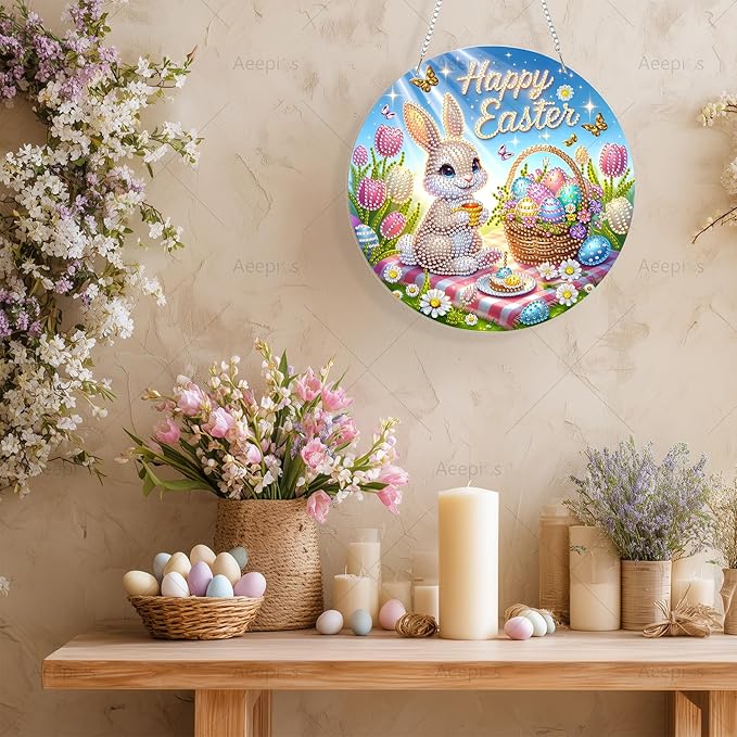 Aeepics Hanging Diamond Art Kit for Adult Easter Rabbit, DIY Diamonds Painting Pendant Ornament Kit, Acrylic Diamond Art Painting Board Kit (Happy Easter)